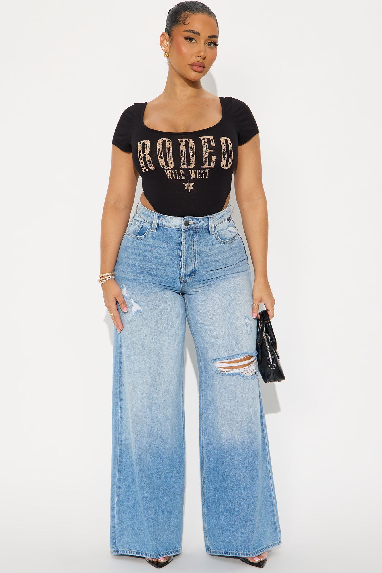 Rodeo Wild West Short Sleeve High Cut Bodysuit - Black