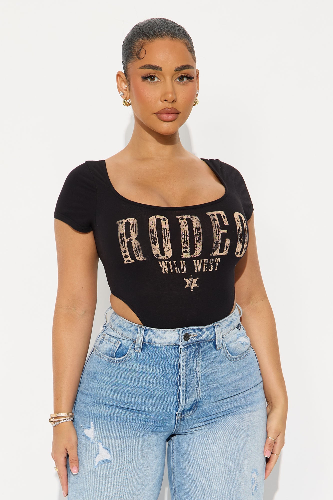 Rodeo Wild West Short Sleeve High Cut Bodysuit - Black