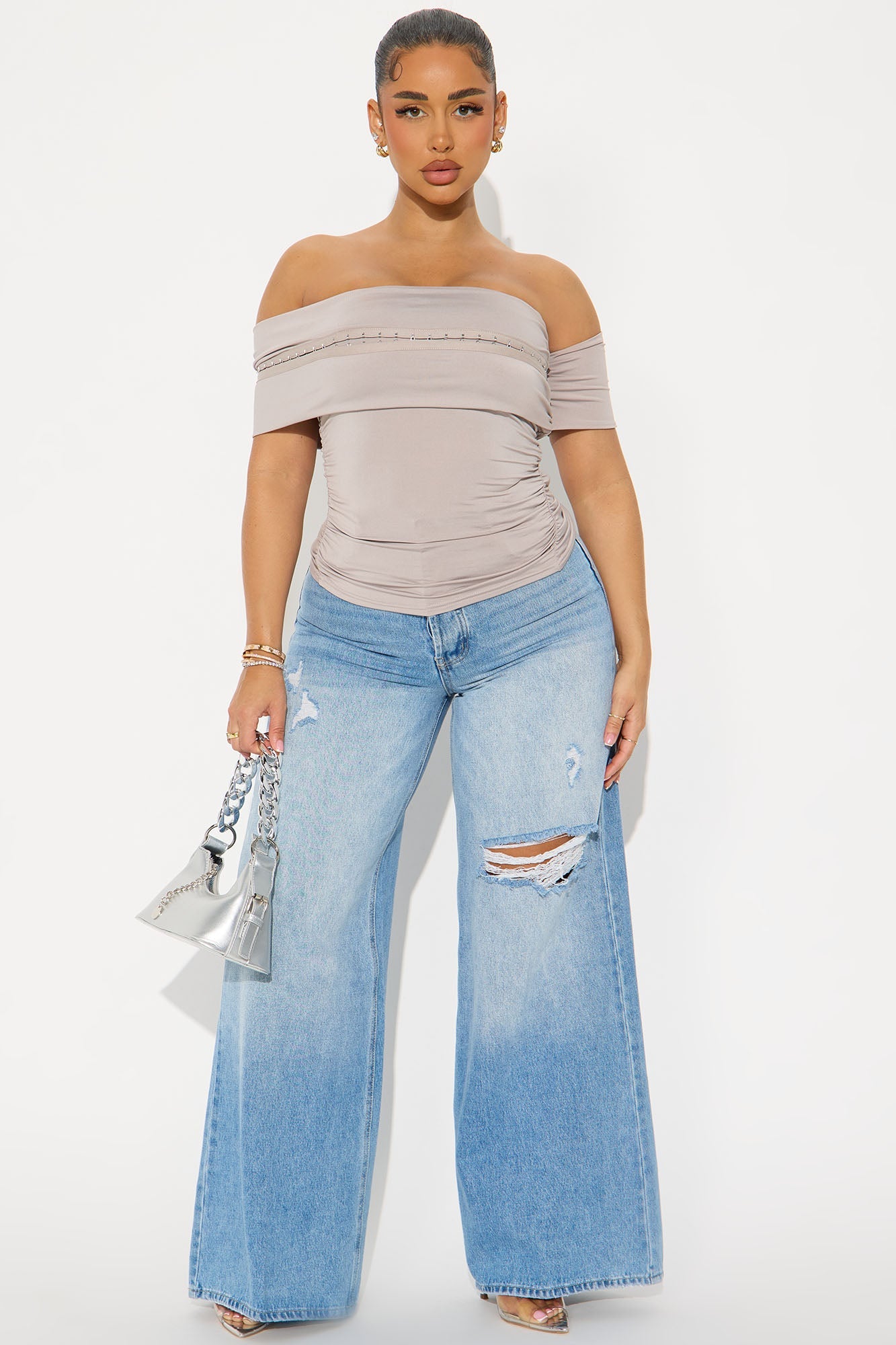 Toria Ruched Off Shoulder Top - Stone