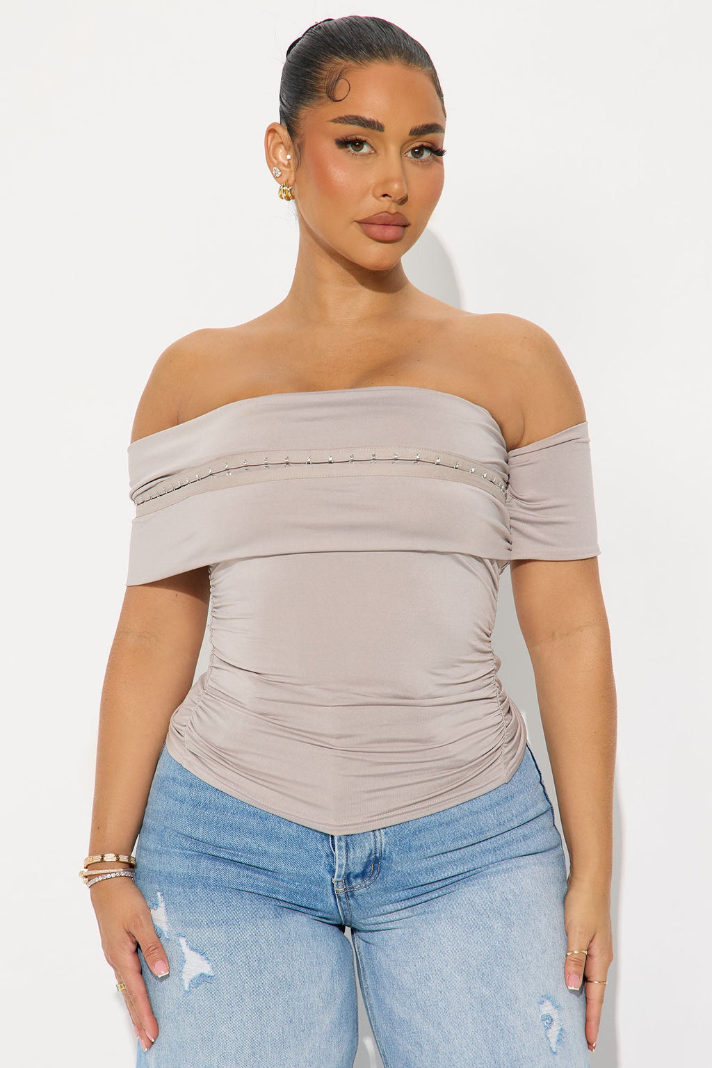 Toria Ruched Off Shoulder Top - Stone