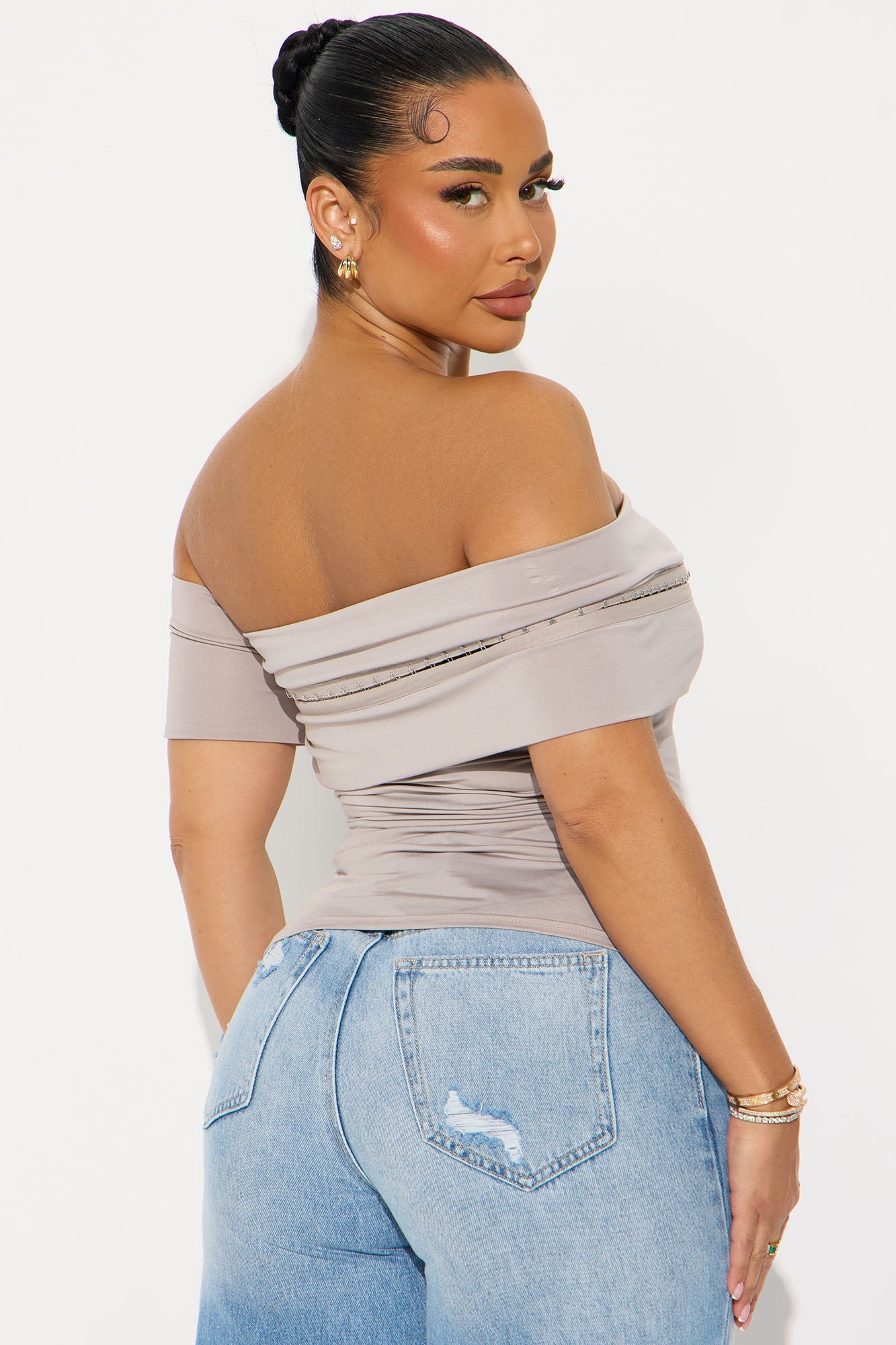Toria Ruched Off Shoulder Top - Stone