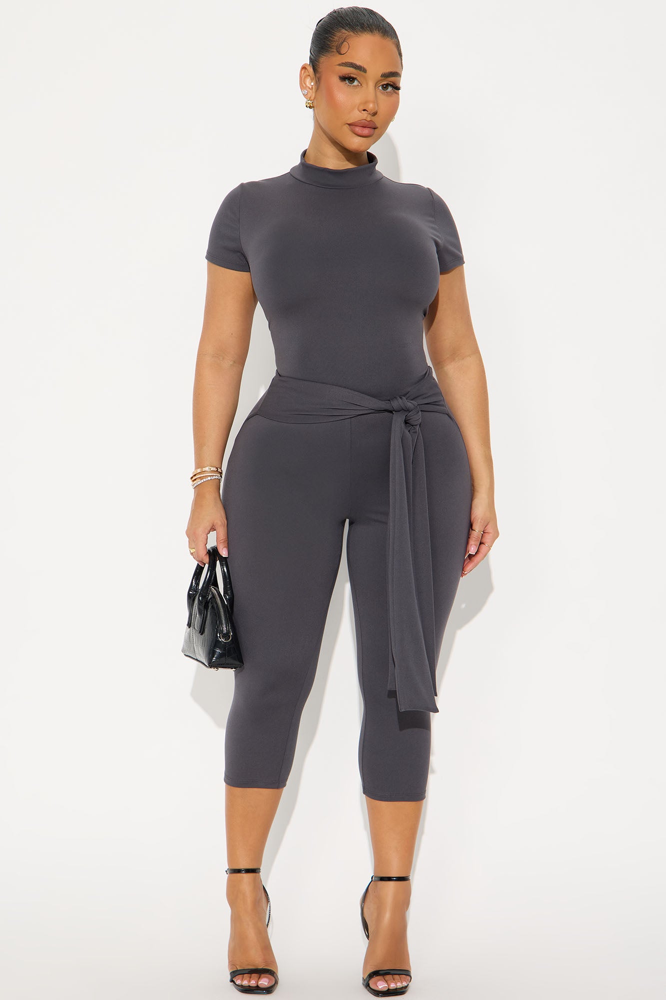 Knot Your Babe Short Sleeve Capri Set - Charcoal