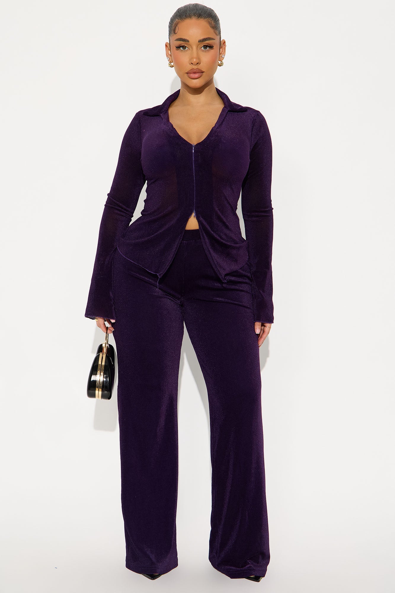 Gabriella Velvet Mesh Pant Set - Plum