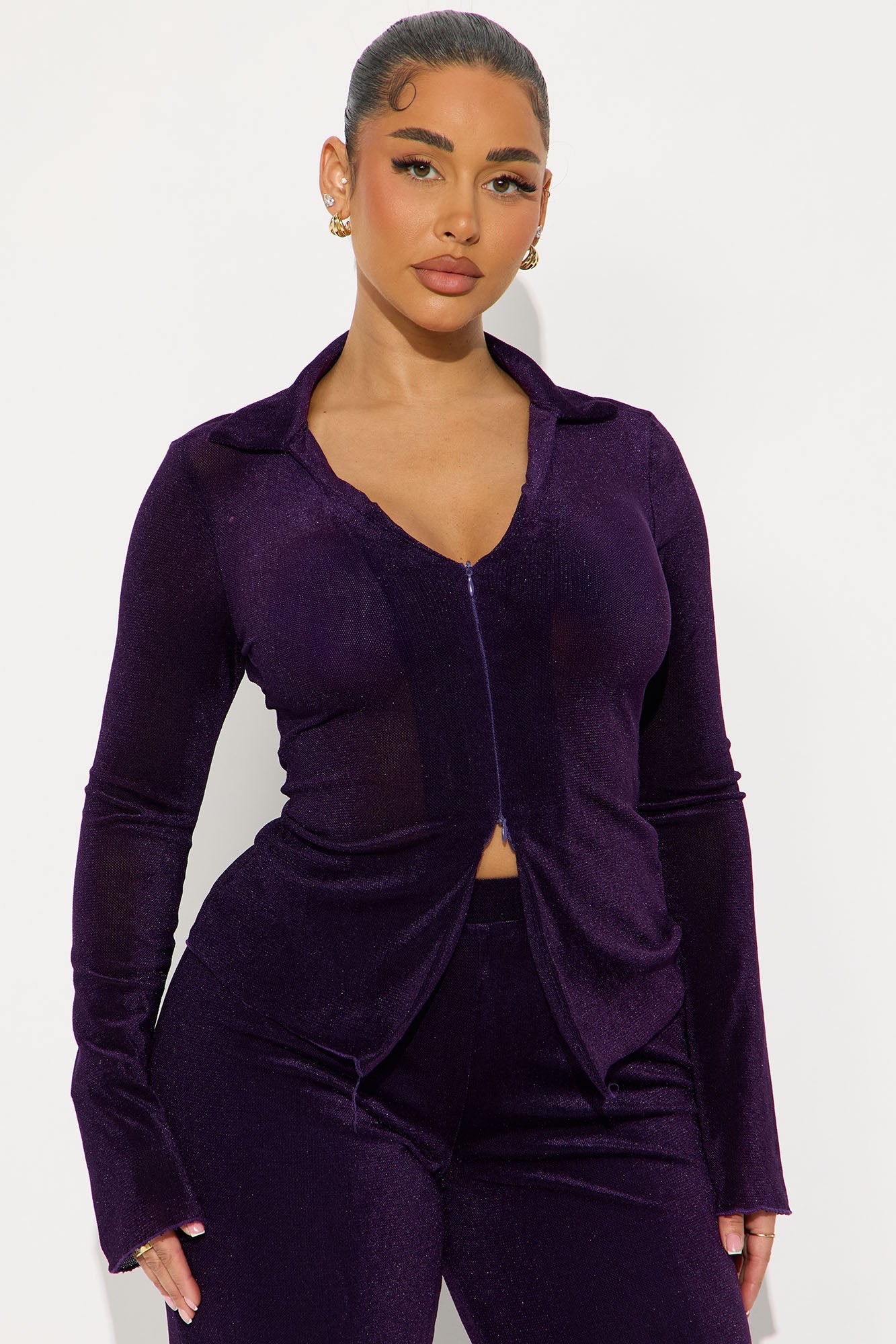 Gabriella Velvet Mesh Pant Set - Plum