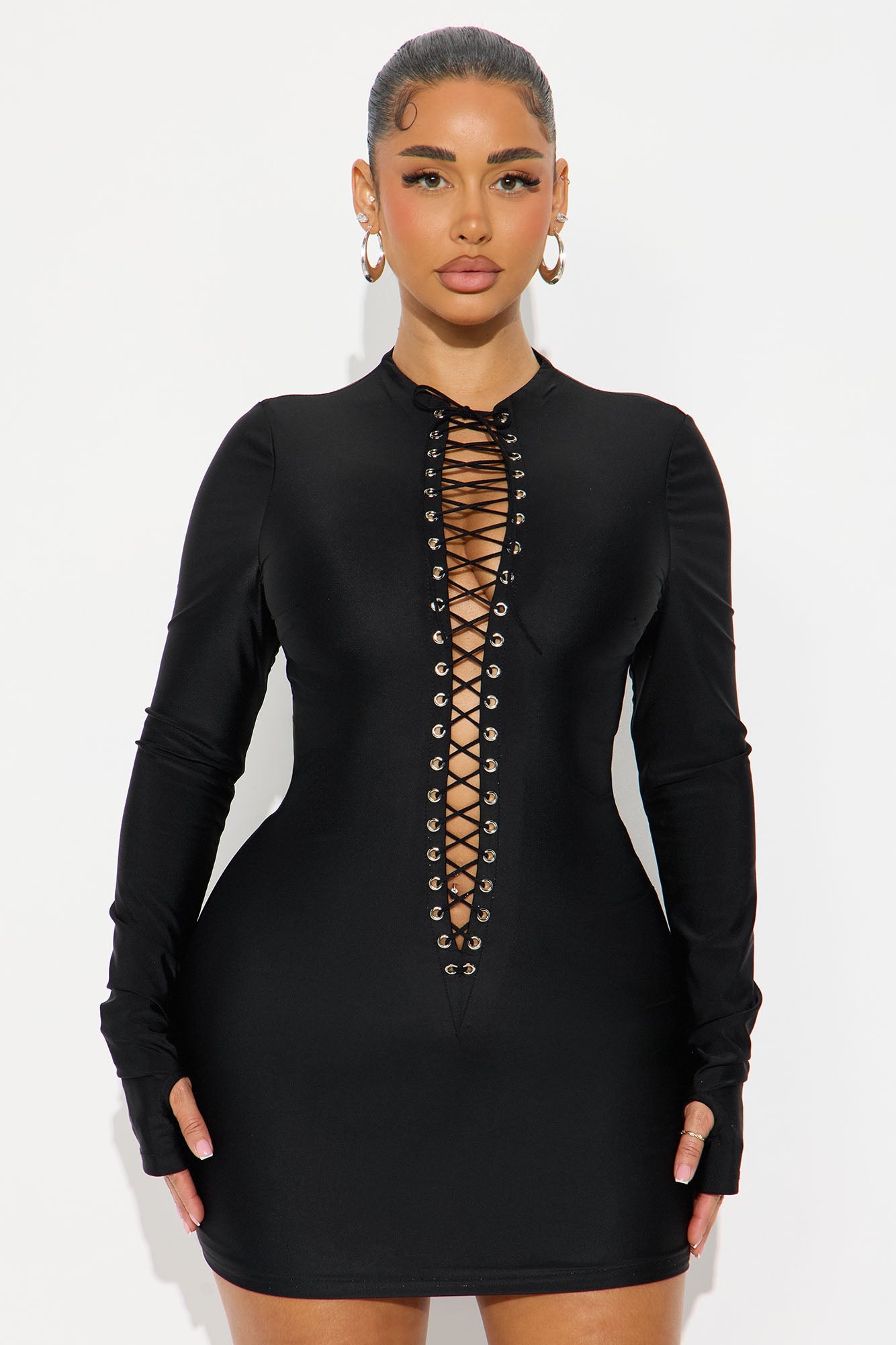 Bex Lace Up Front Mini Dress - Black