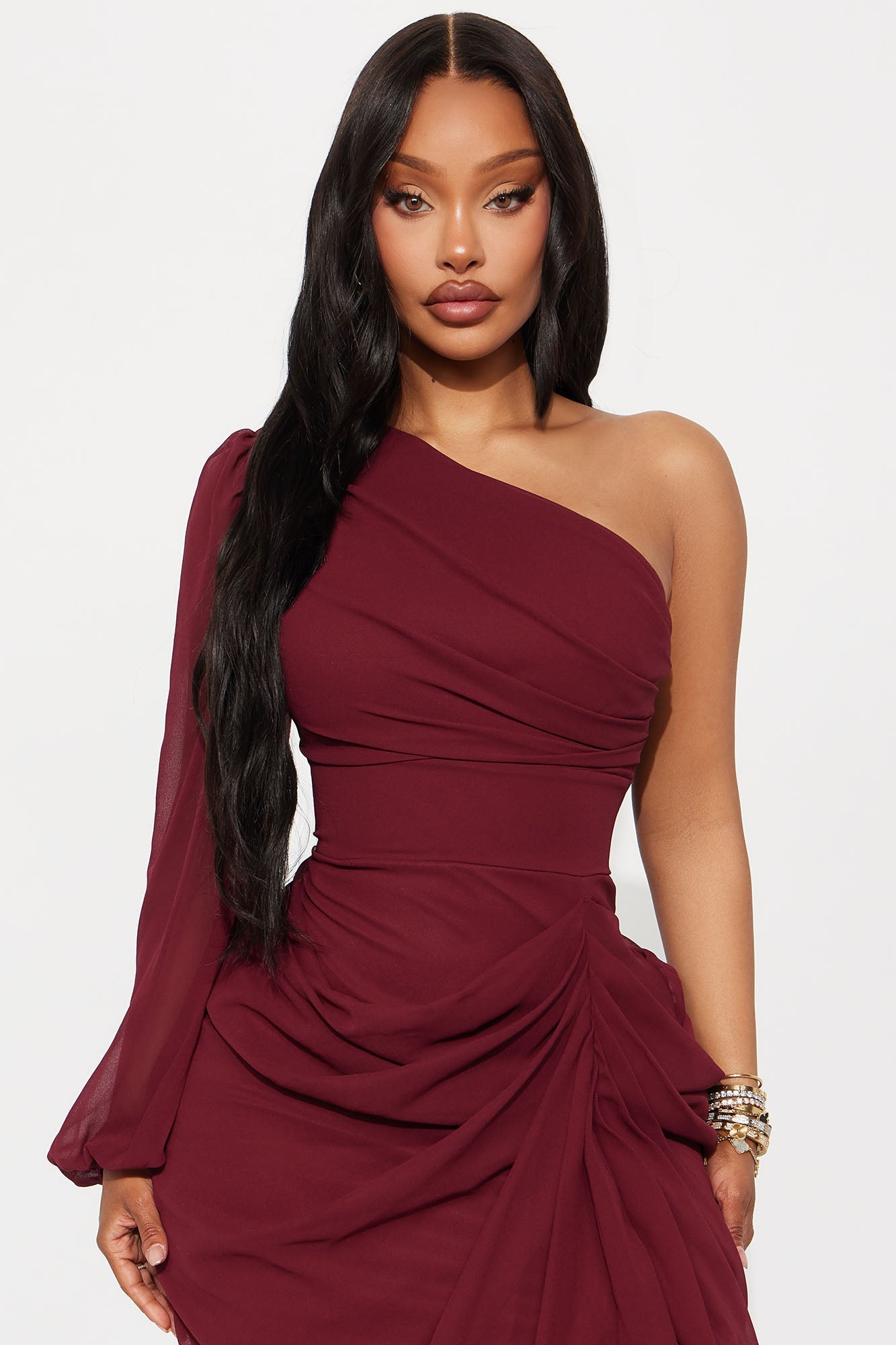 Leanne Chiffon Draped One Shoulder Maxi Dress - Burgundy