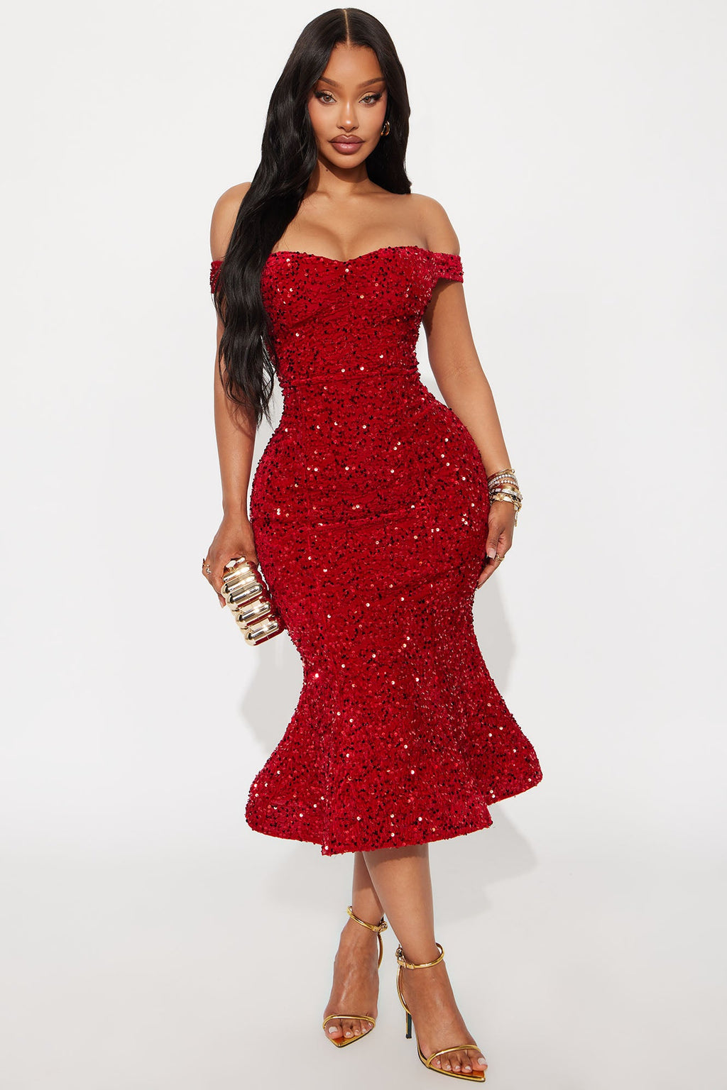 Alora Sequin Midi Dress - Red