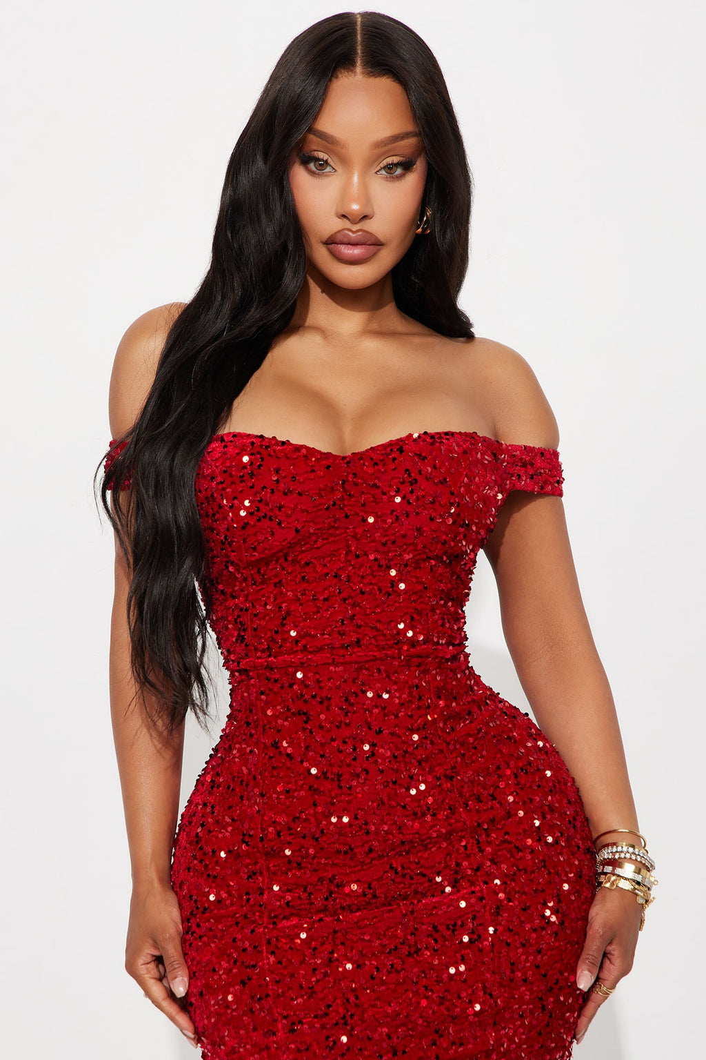 Alora Sequin Midi Dress - Red