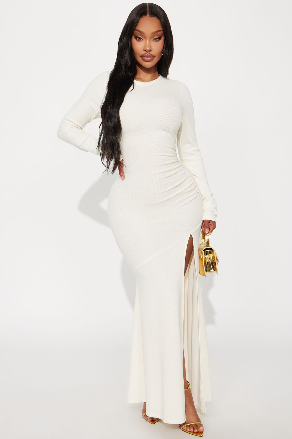 Kayla Ruched Long Sleeve Maxi Dress - Cream