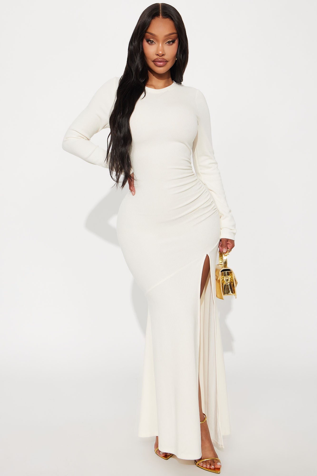 Kayla Ruched Long Sleeve Maxi Dress - Cream