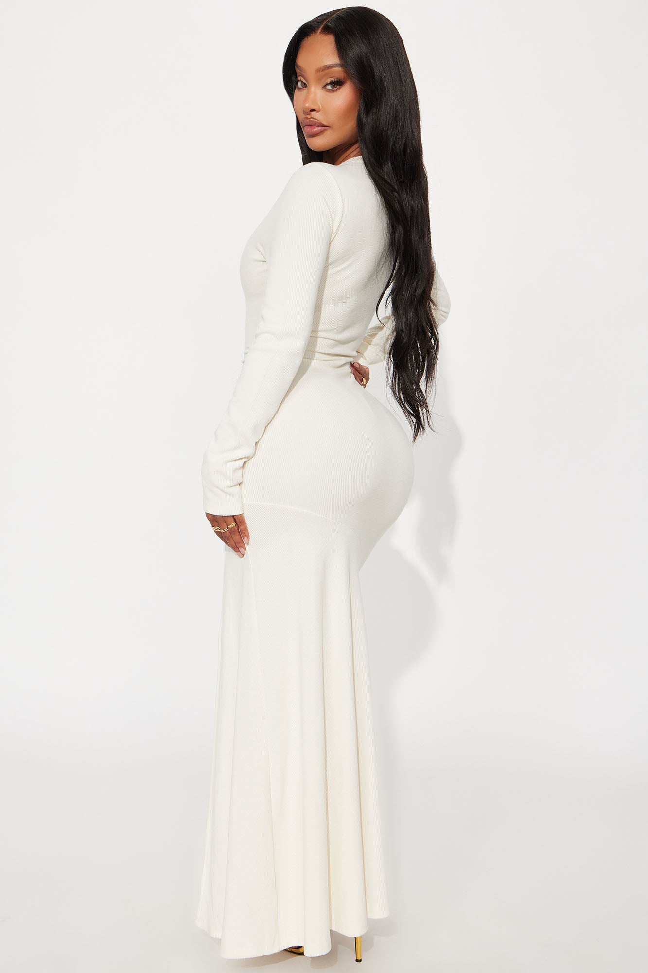 Kayla Ruched Long Sleeve Maxi Dress - Cream