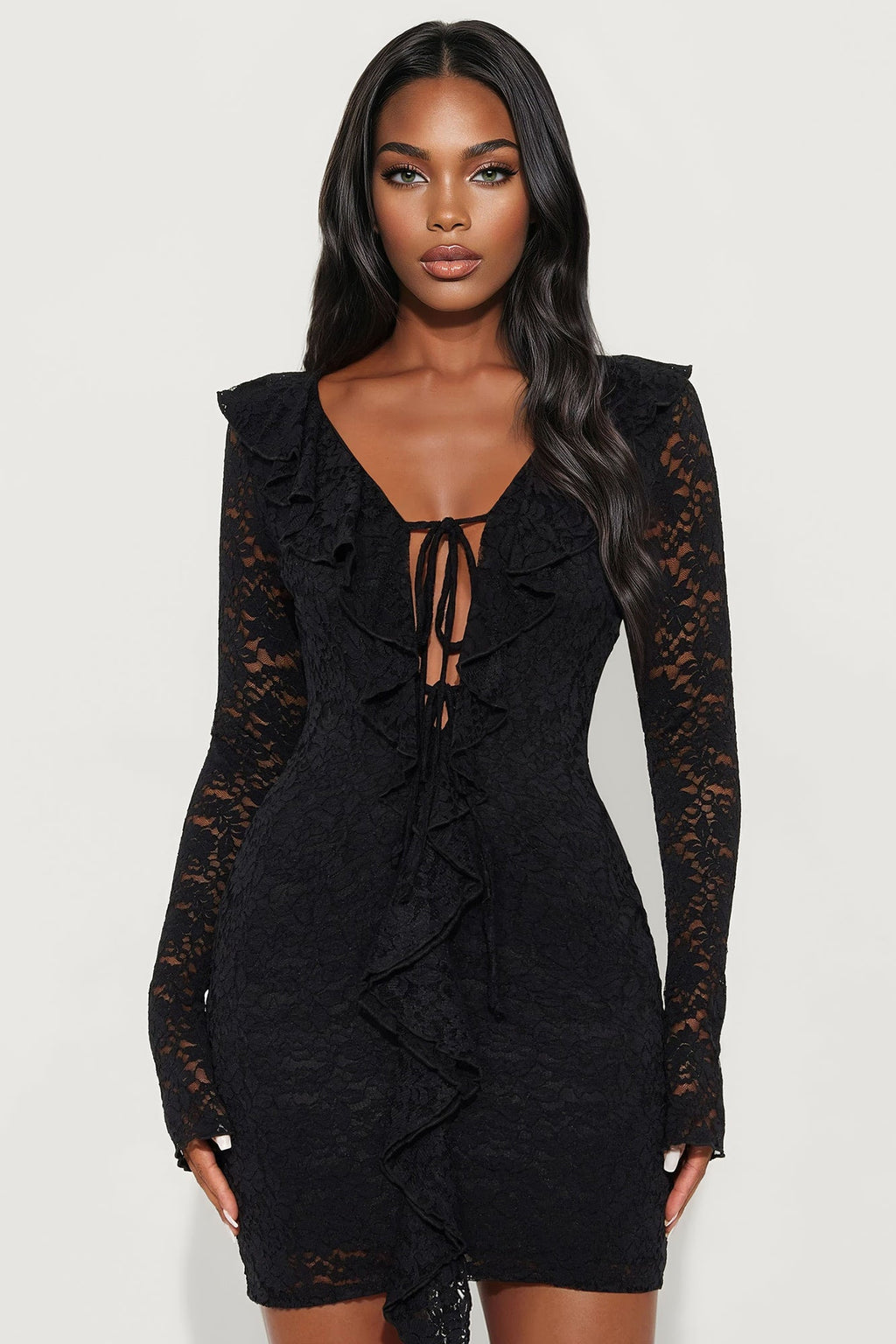 Amelia Lace Long Sleeve Mini Dress - Black
