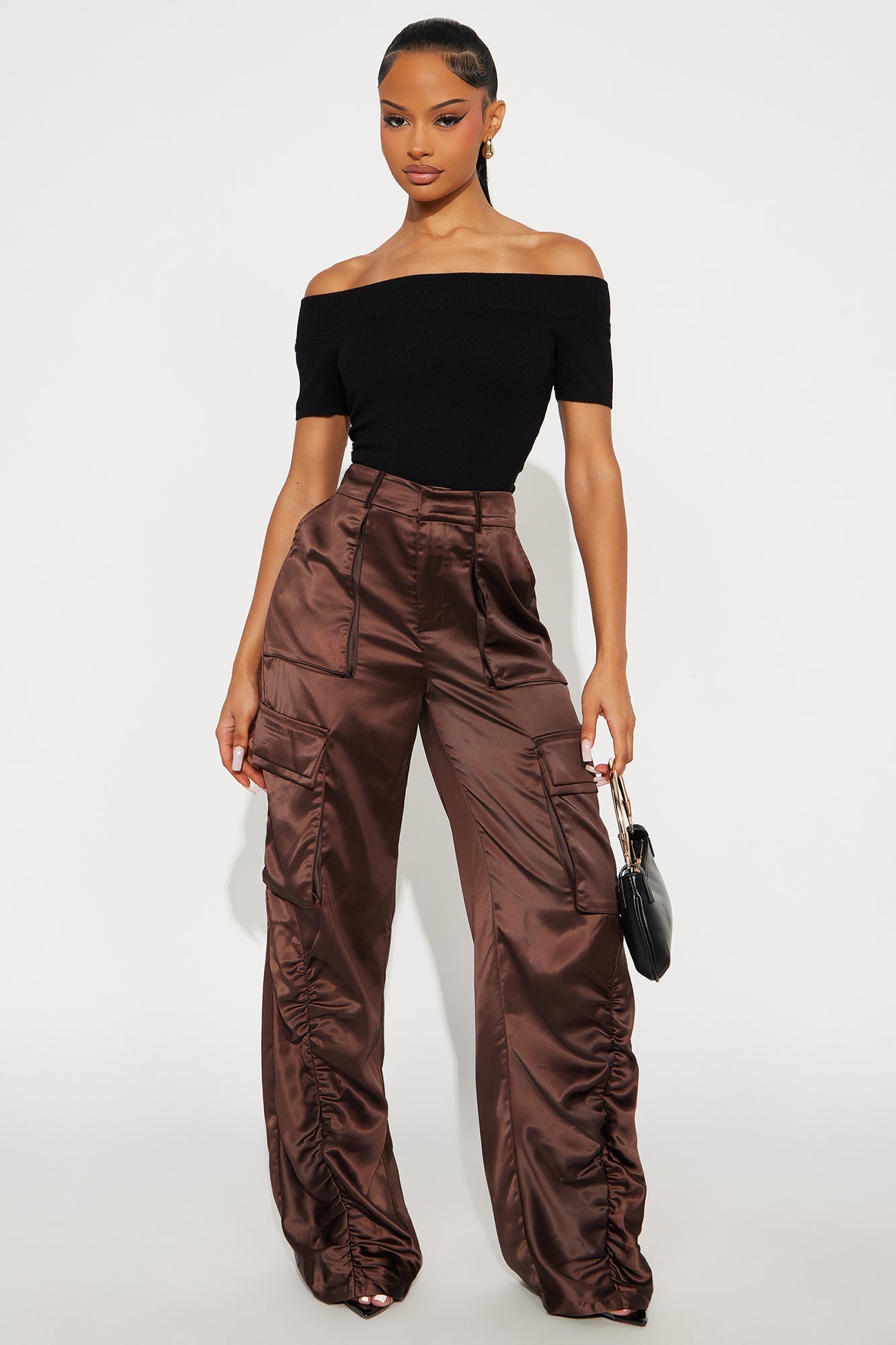 Got Her Own Satin Wide Leg Cargo Pant 33″ - Chocolate
