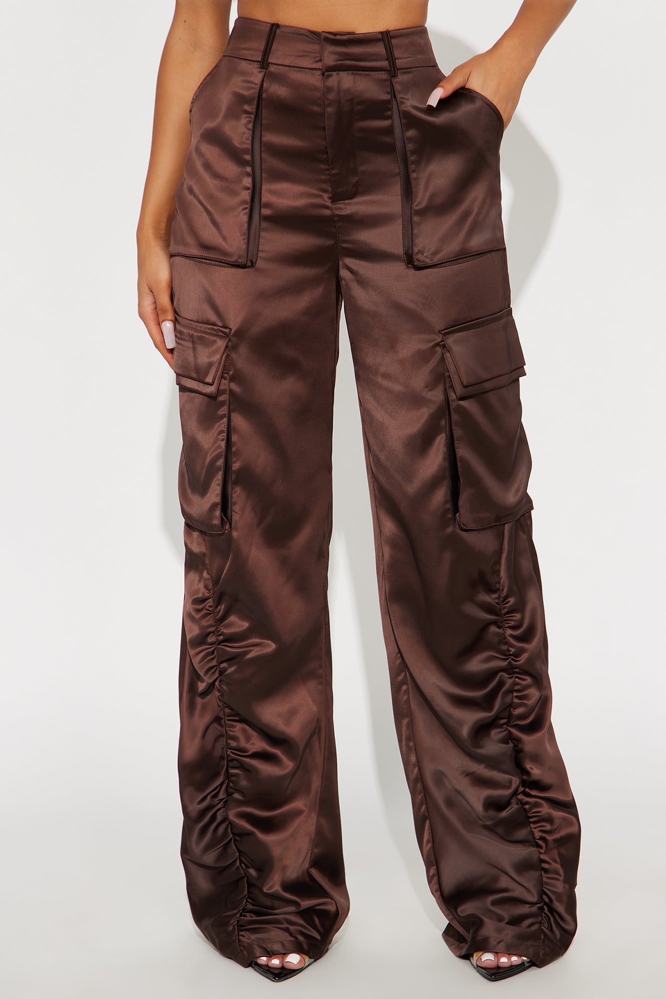 Got Her Own Satin Wide Leg Cargo Pant 33″ - Chocolate