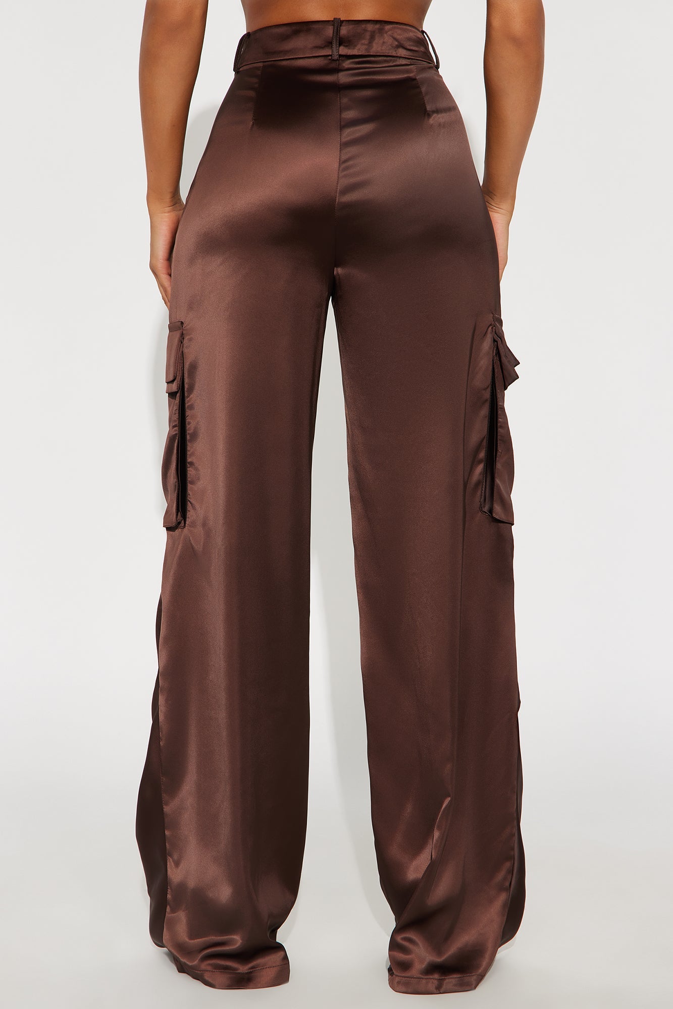 Got Her Own Satin Wide Leg Cargo Pant 33″ - Chocolate