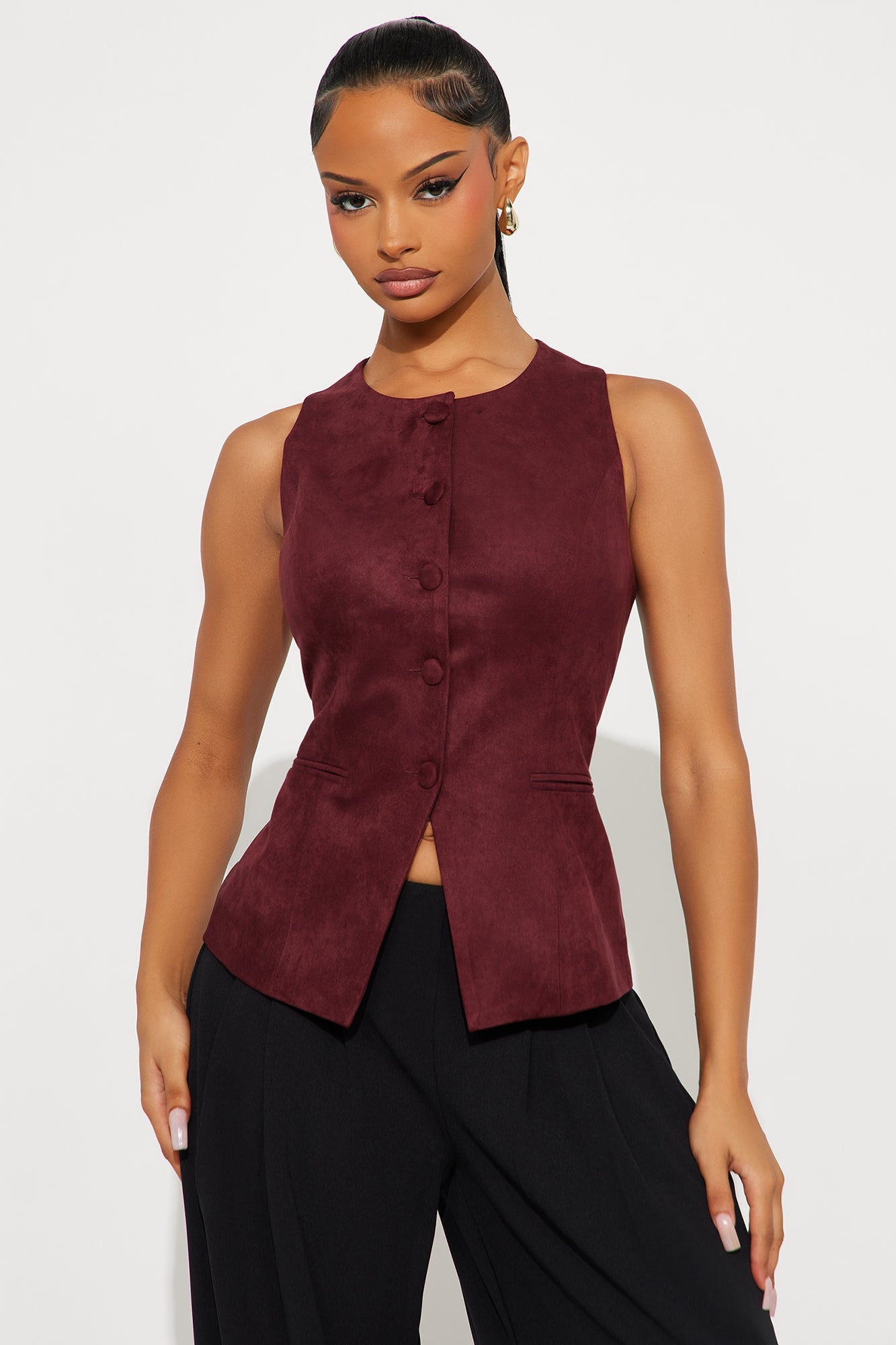 Goal Setter Faux Suede Vest Top - Wine