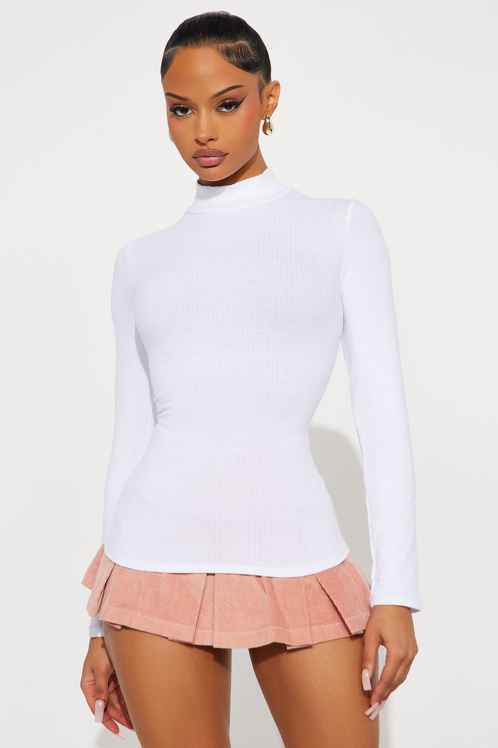 Sydney Mock Neck Ribbed Long Sleeve Top - White