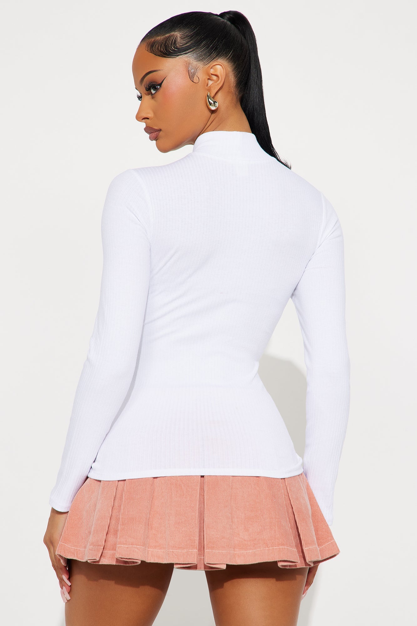 Sydney Mock Neck Ribbed Long Sleeve Top - White