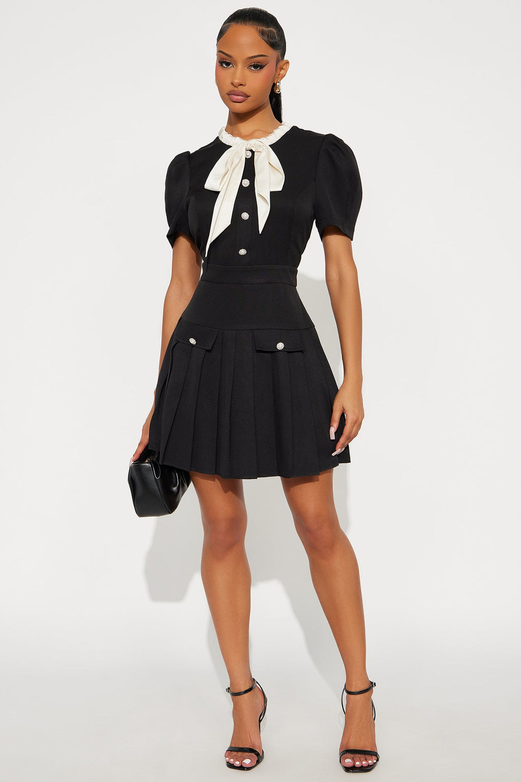 Angela Bow Pleated Mini Dress - Black