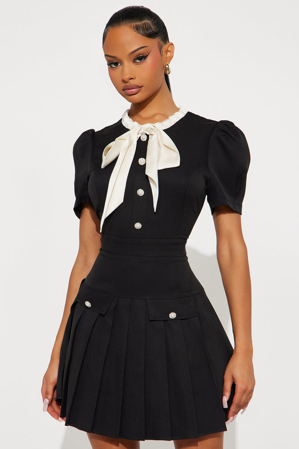 Angela Bow Pleated Mini Dress - Black