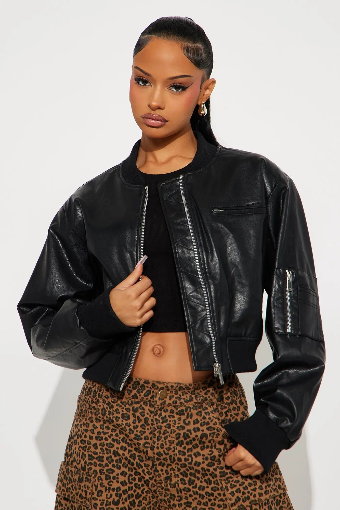 Brooke Faux Leather Bomber Jacket - Black 