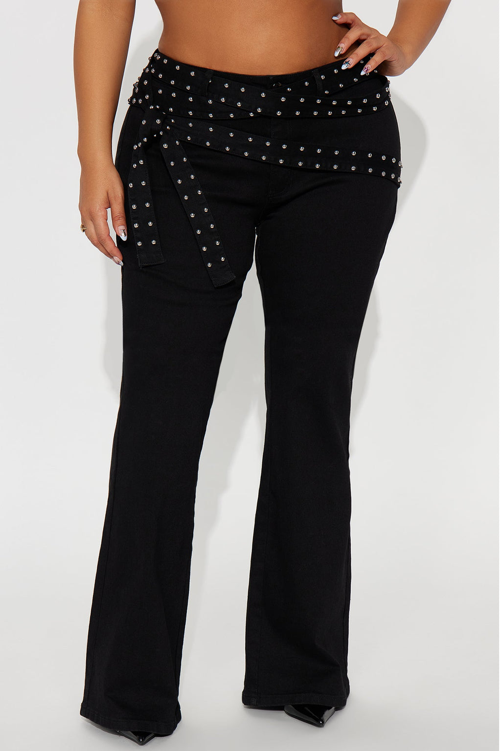 Make A Scene Belted Low Rise Flare Jeans - Black