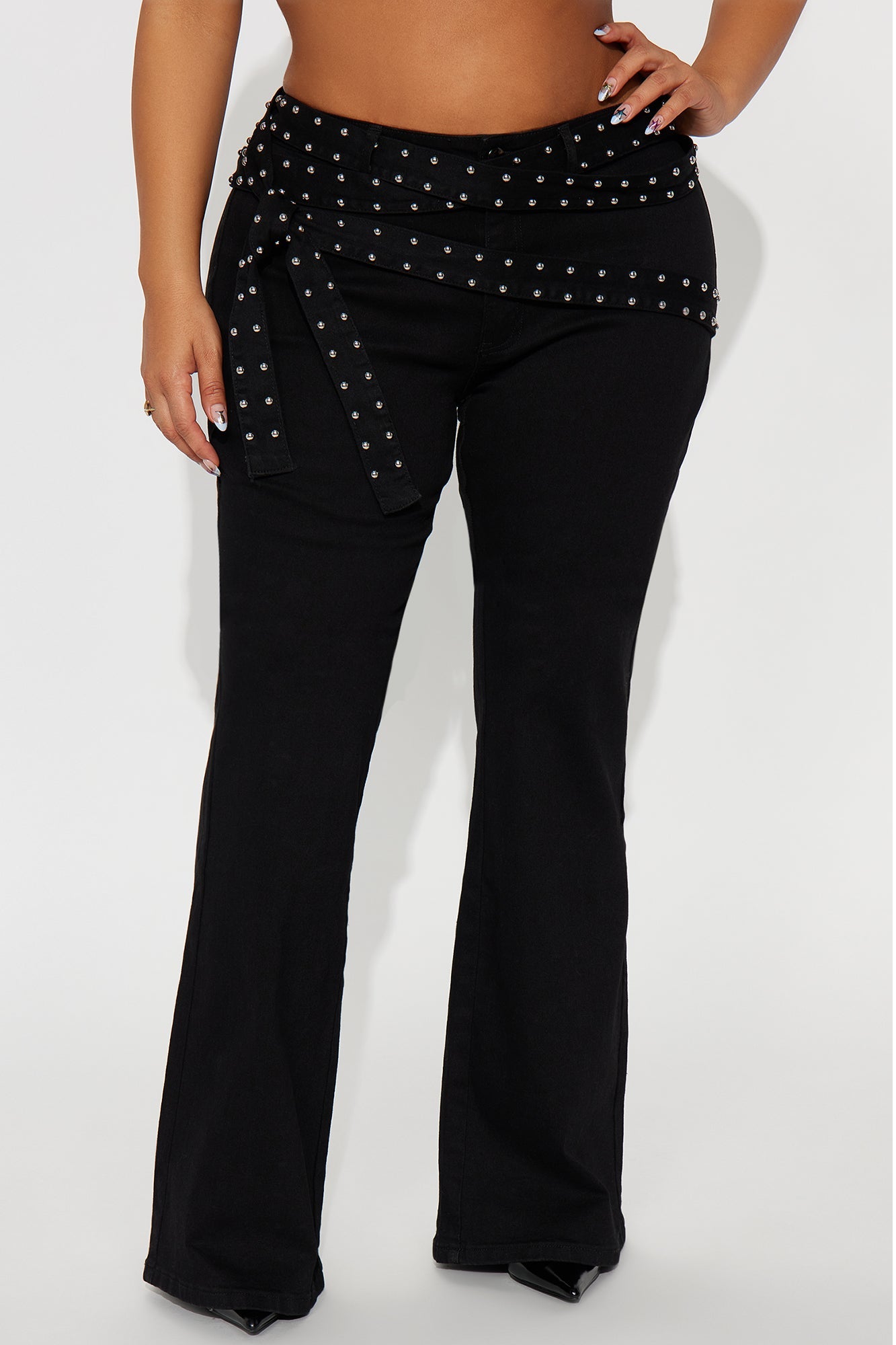 Make A Scene Belted Low Rise Flare Jeans - Black