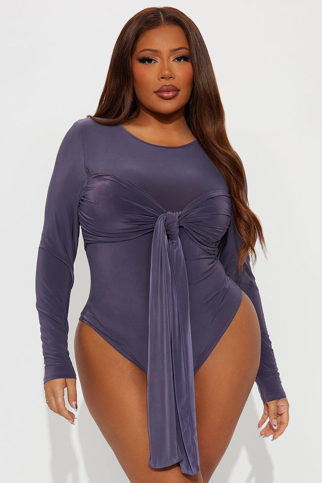 Inessa Long Sleeve Draped Bodysuit - Dark Grey
