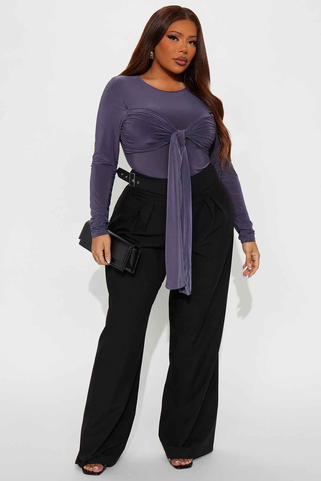 Inessa Long Sleeve Draped Bodysuit - Dark Grey