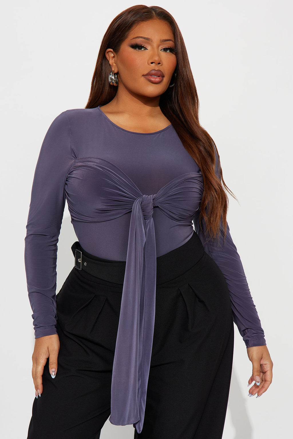 Inessa Long Sleeve Draped Bodysuit - Dark Grey