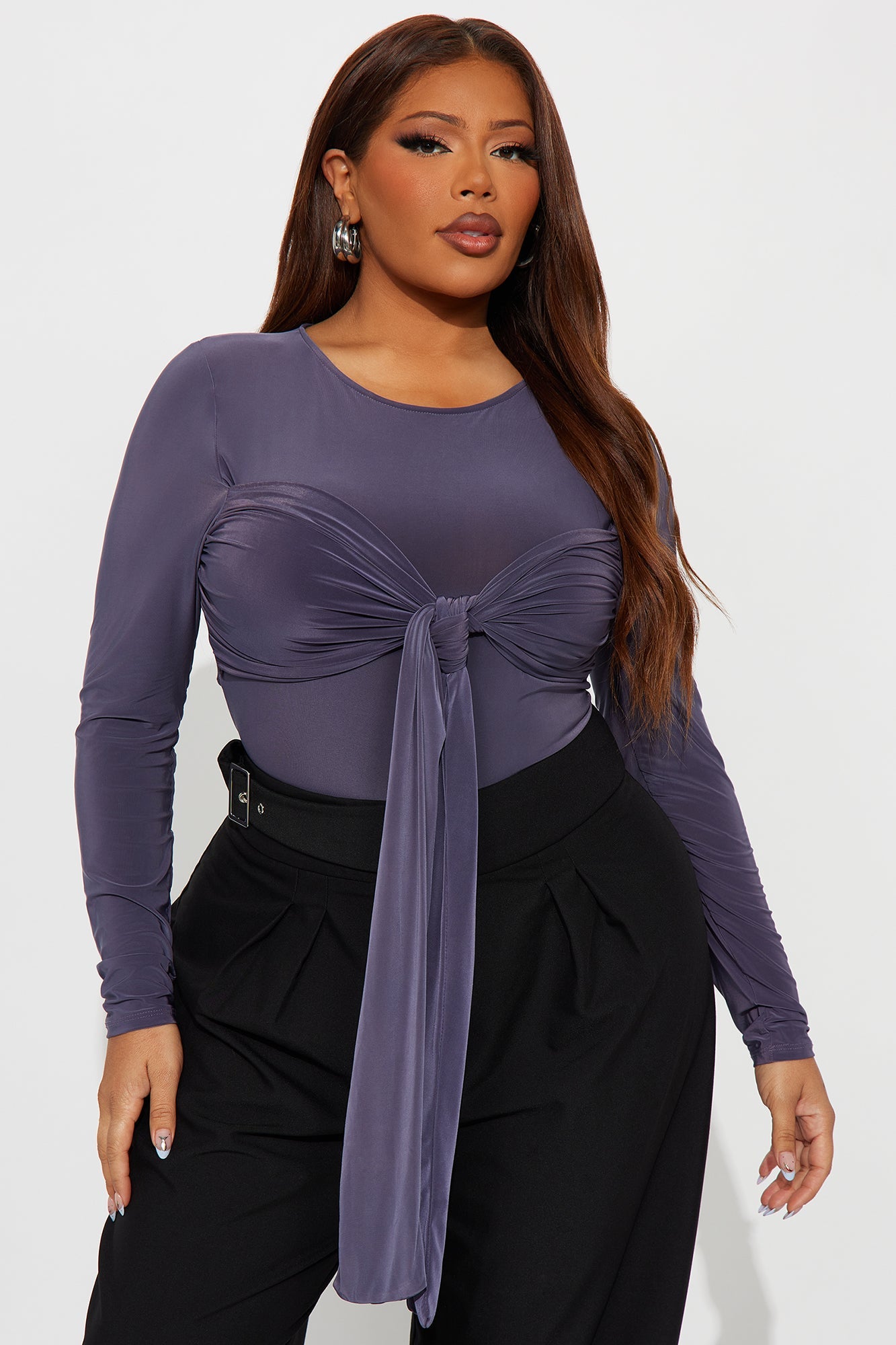 Inessa Long Sleeve Draped Bodysuit - Dark Grey