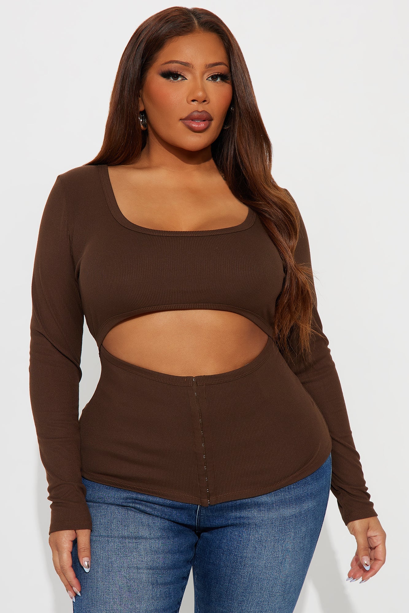 Liora Cut Out Ribbed Long Sleeve Top - Brown