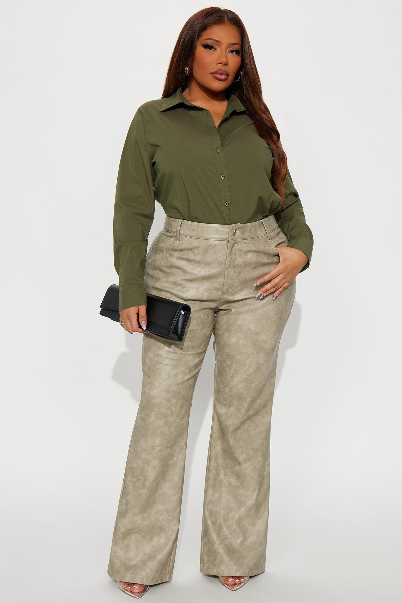 Simi Washed Faux Leather Flare Leg Pant 33″ - Stone