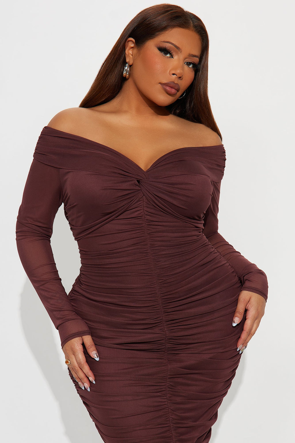 The Tink Long Sleeve Midi Dress - Brown