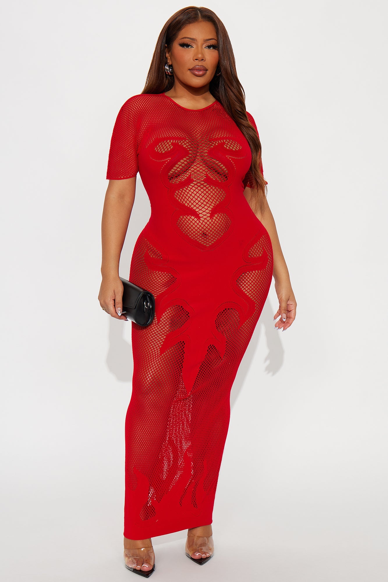 Light A Match Fishnet Short Sleeve Midi Dress Bodystocking - Red