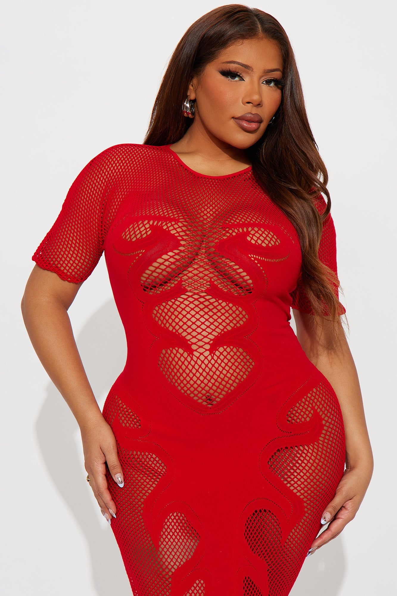 Light A Match Fishnet Short Sleeve Midi Dress Bodystocking - Red