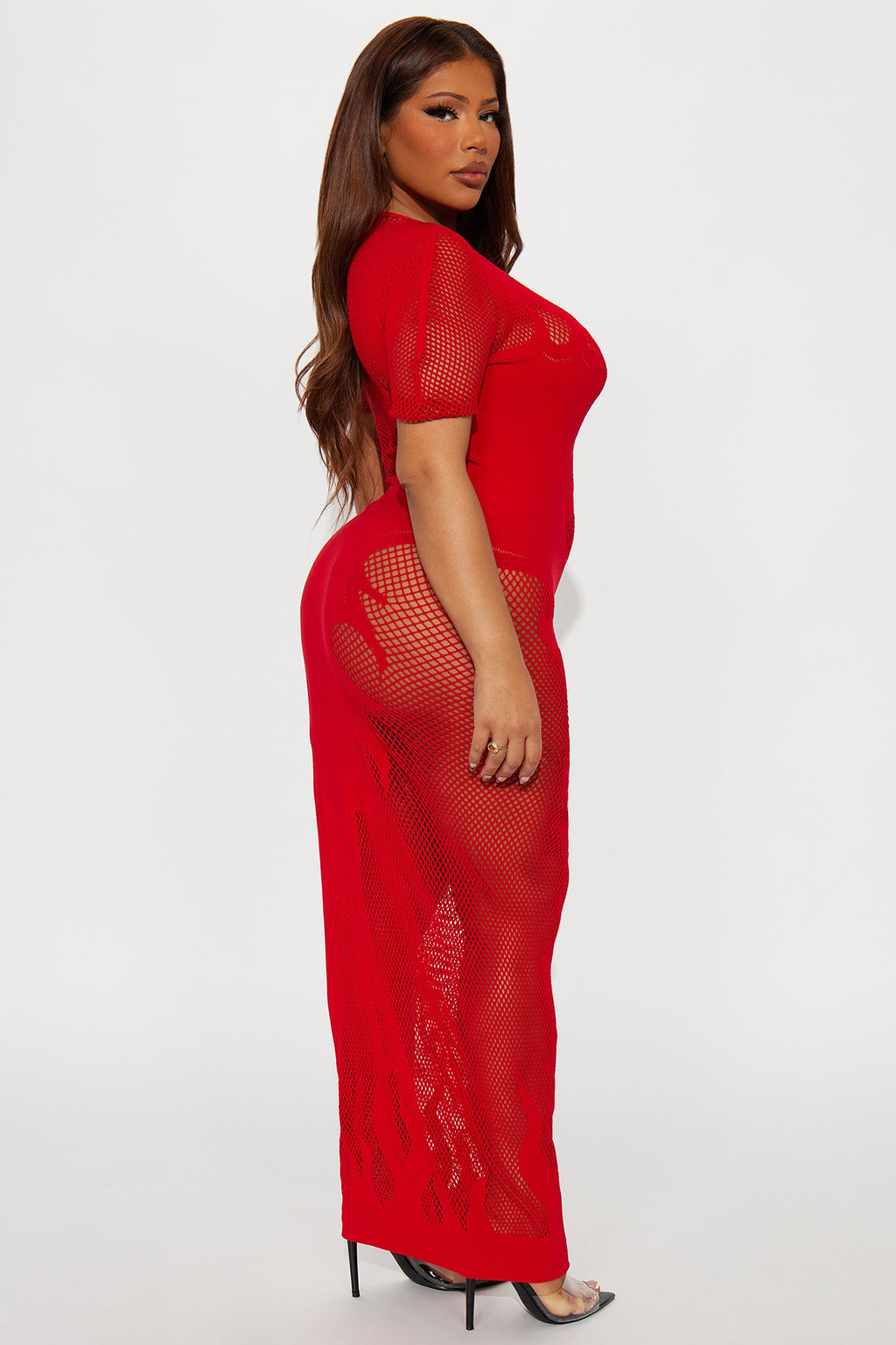 Light A Match Fishnet Short Sleeve Midi Dress Bodystocking - Red