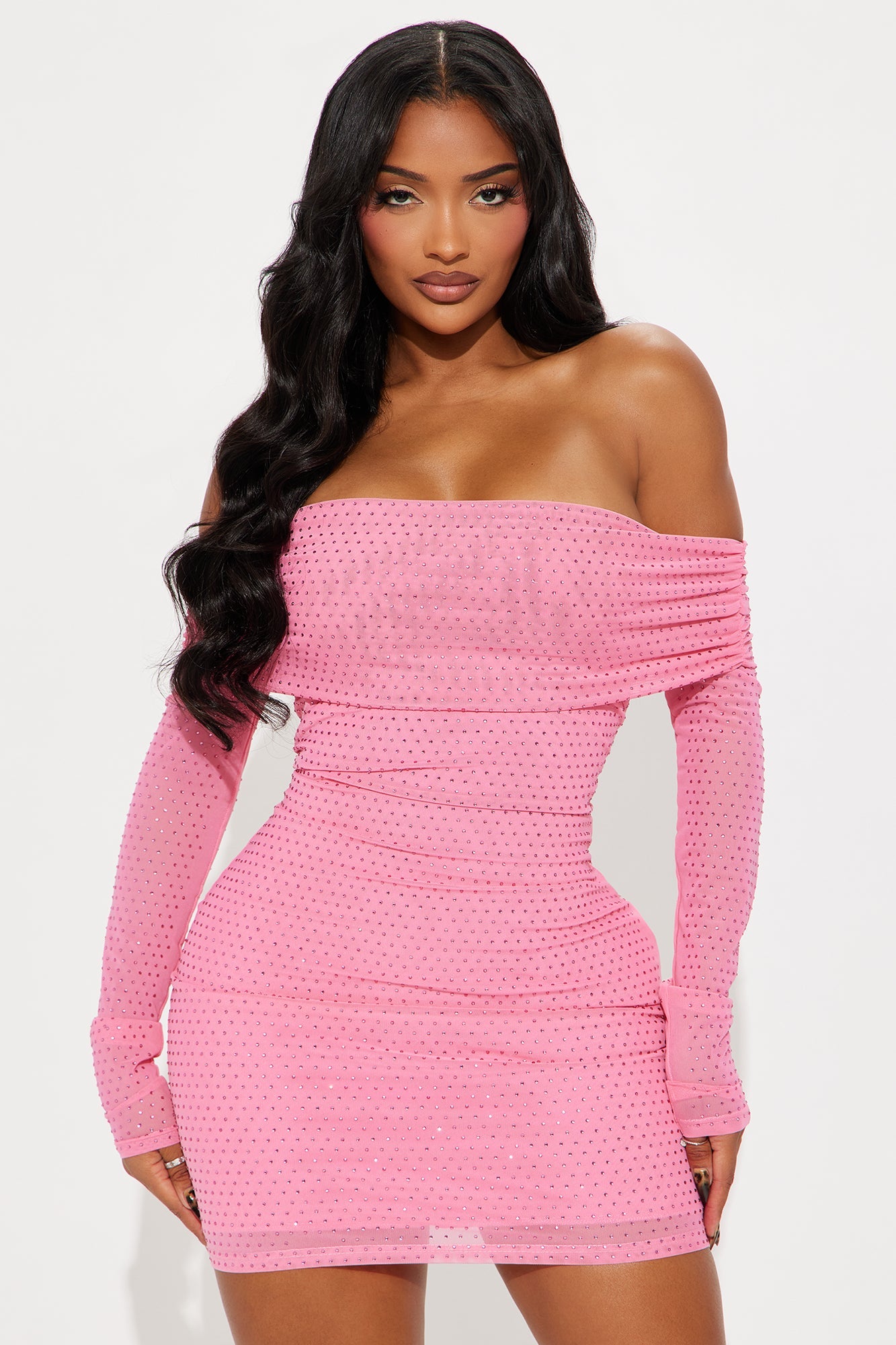 Kelsea Rhinestone Mesh Mini Dress - Pink