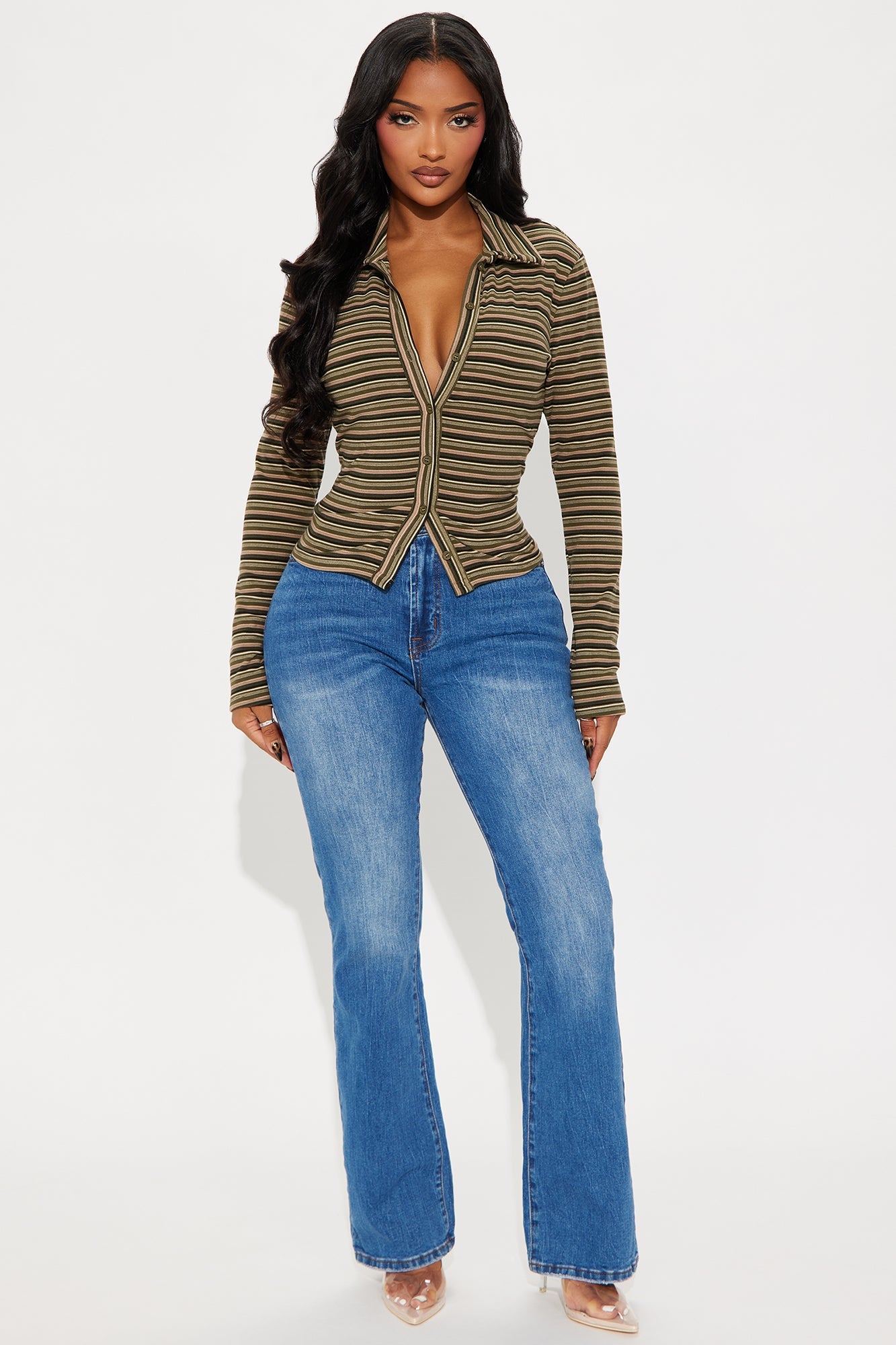 Trudy Striped Button Up Shirt - Olive/combo