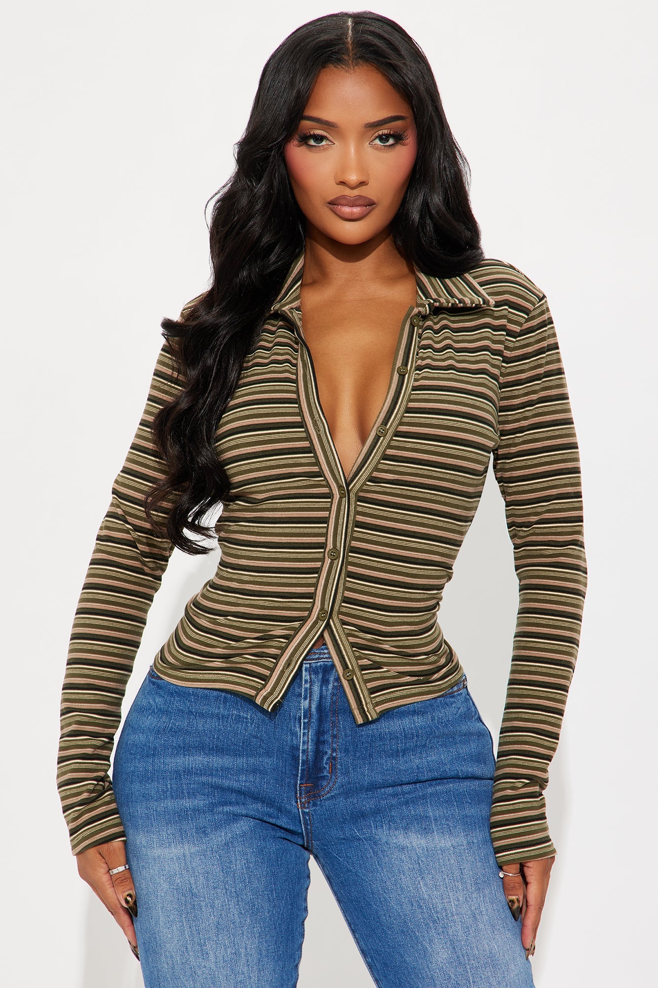 Trudy Striped Button Up Shirt - Olive/combo