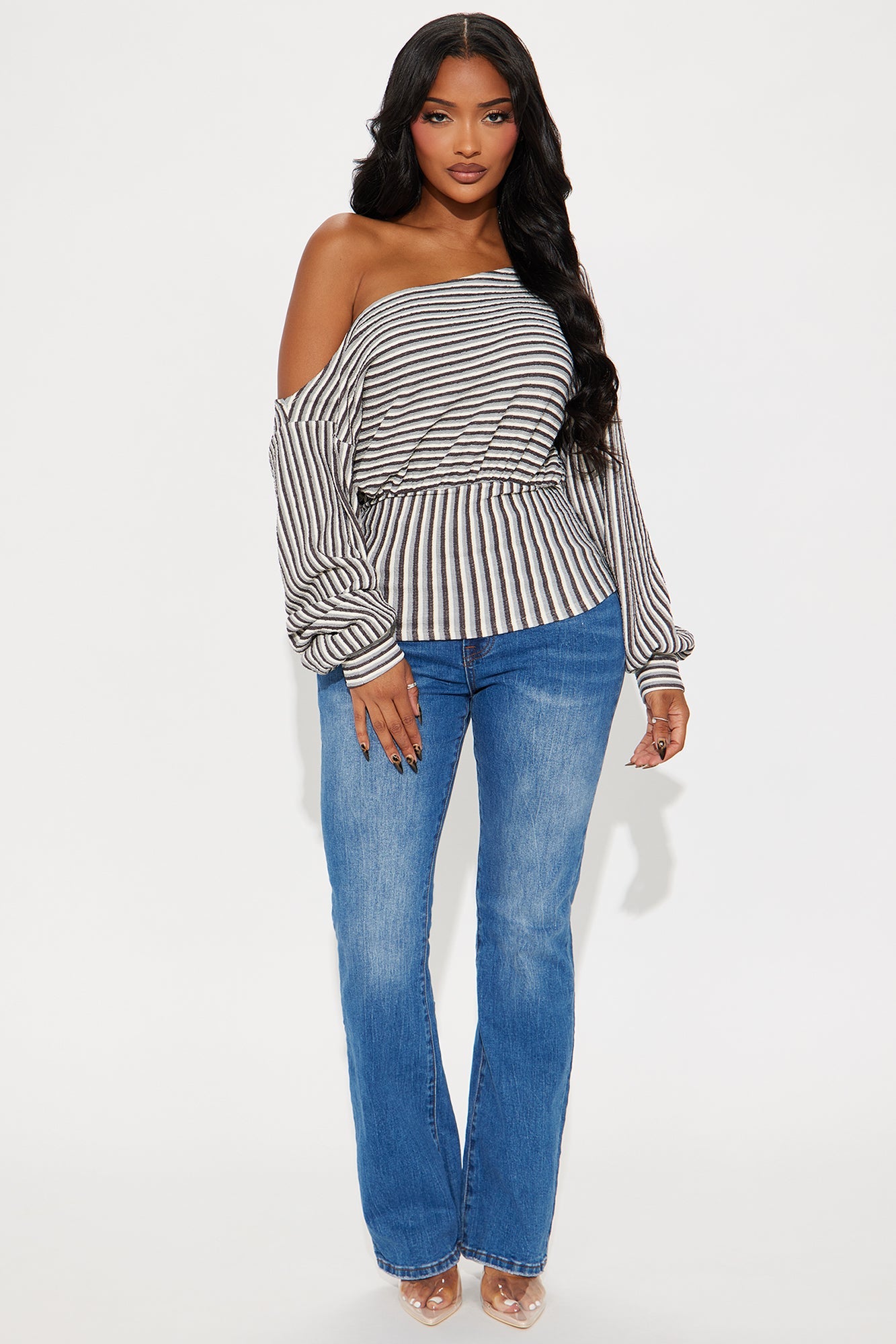 Locked In Striped Off Shoulder Top - Brown/combo
