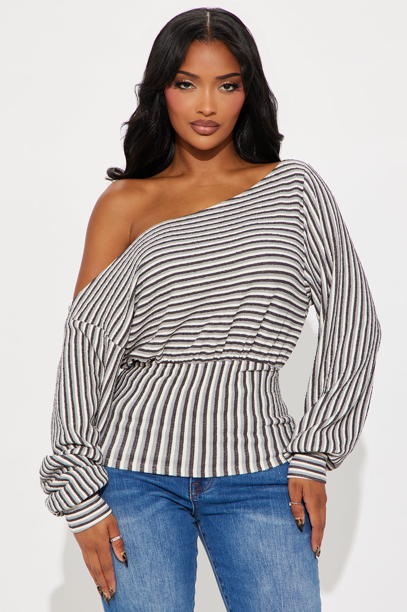 Locked In Striped Off Shoulder Top - Brown/combo
