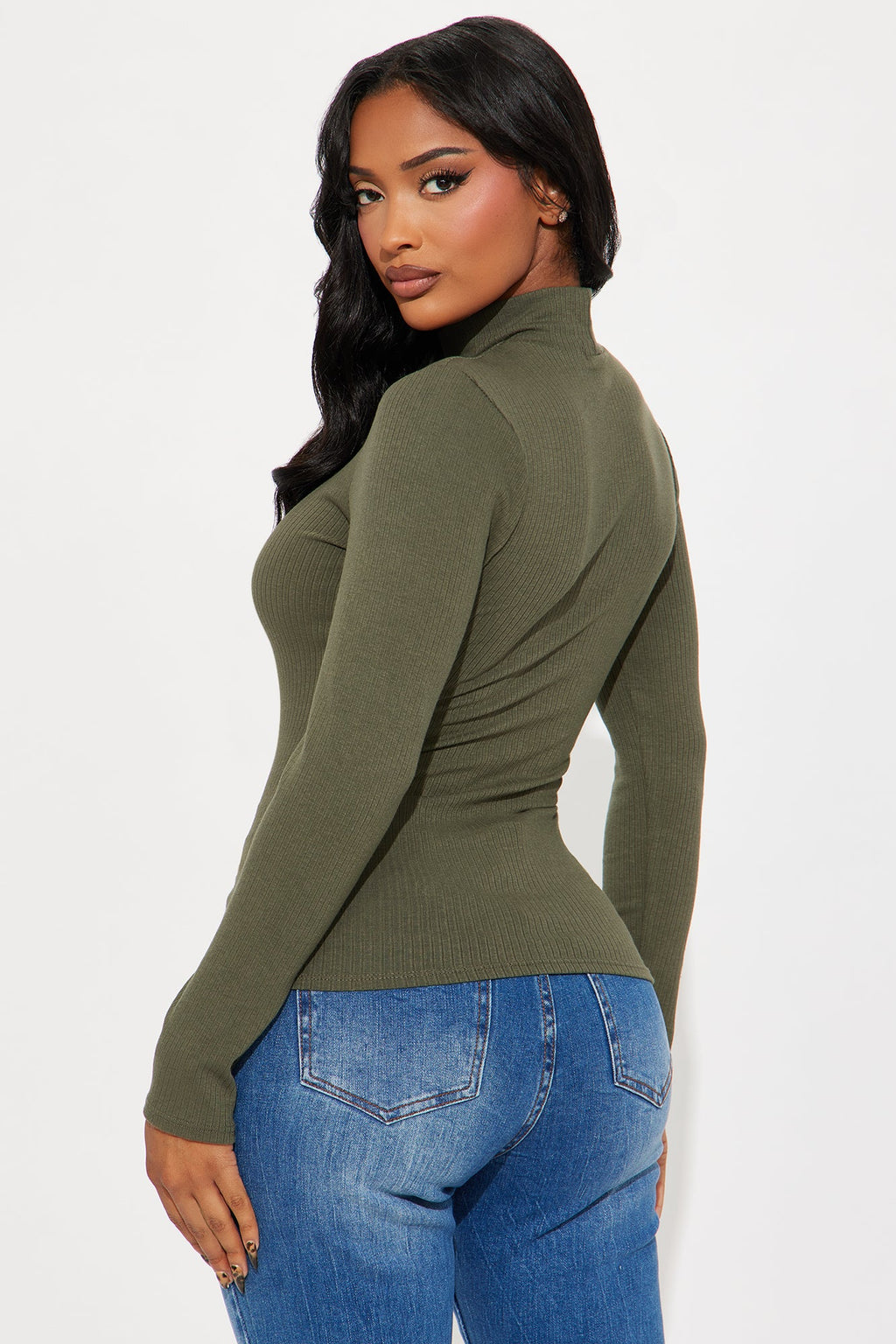 Sydney Mock Neck Ribbed Long Sleeve Top - Olive
