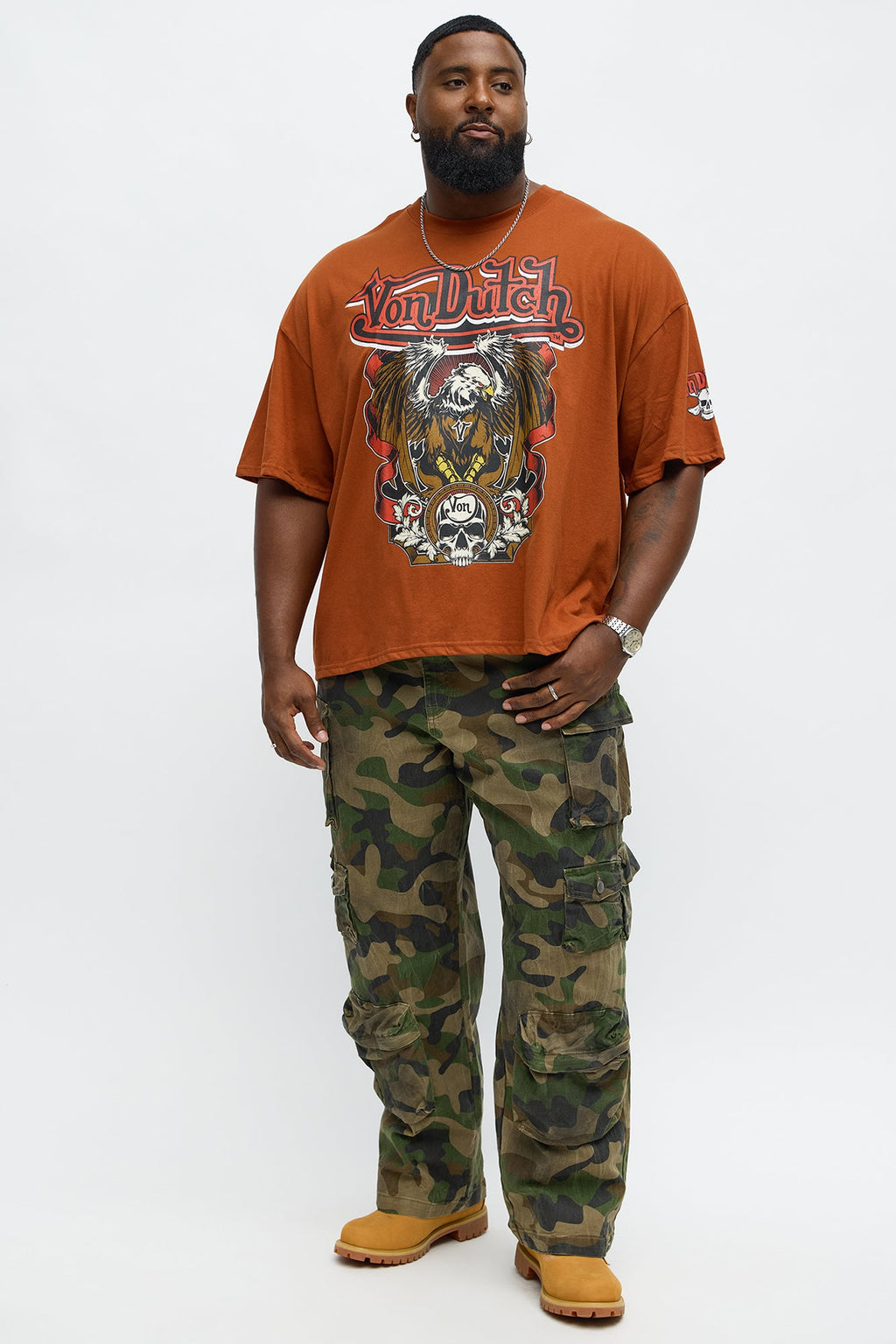 Oversized Von Dutch Eagle Wings Tee - Brown