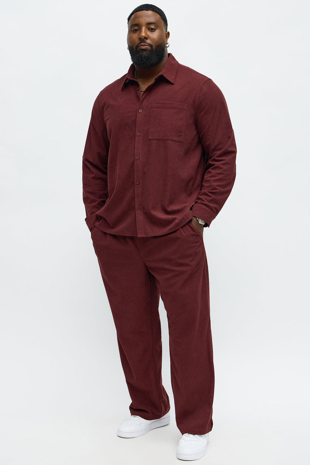 Straight Slow Burn Textured Slit Pant - Burgundy