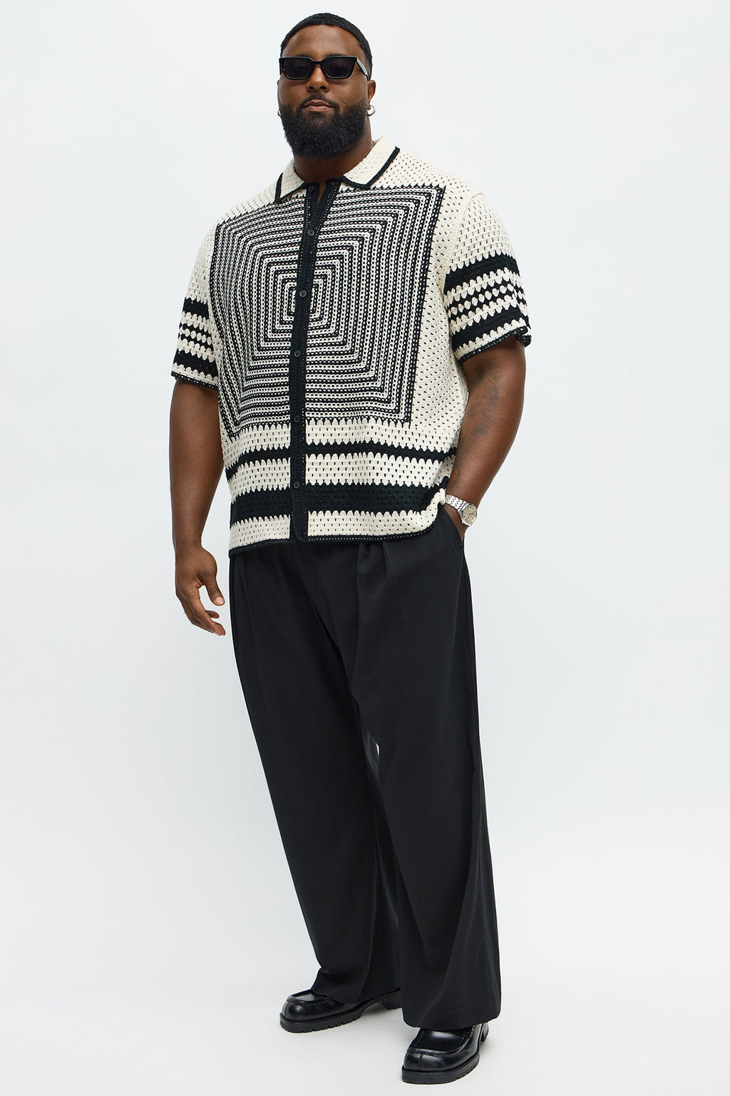 Kilim Geo Crochet Knit Shirt - Cream/combo