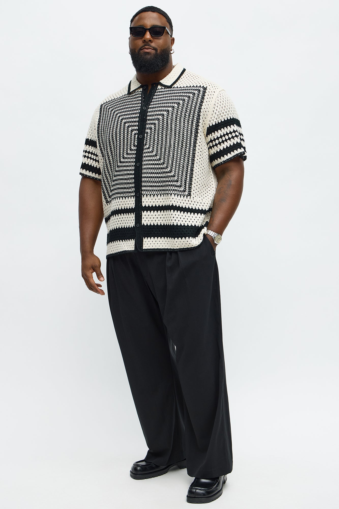Kilim Geo Crochet Knit Shirt - Cream/combo
