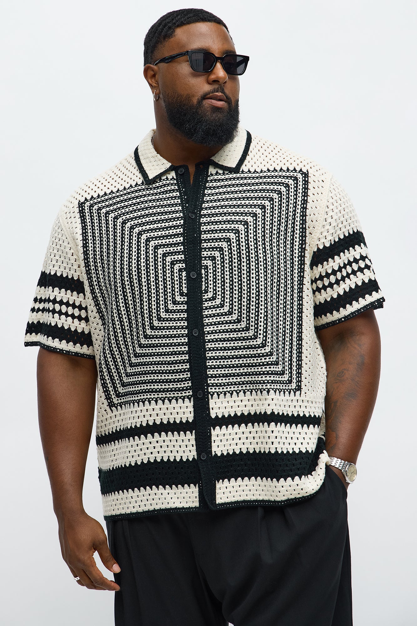 Kilim Geo Crochet Knit Shirt - Cream/combo