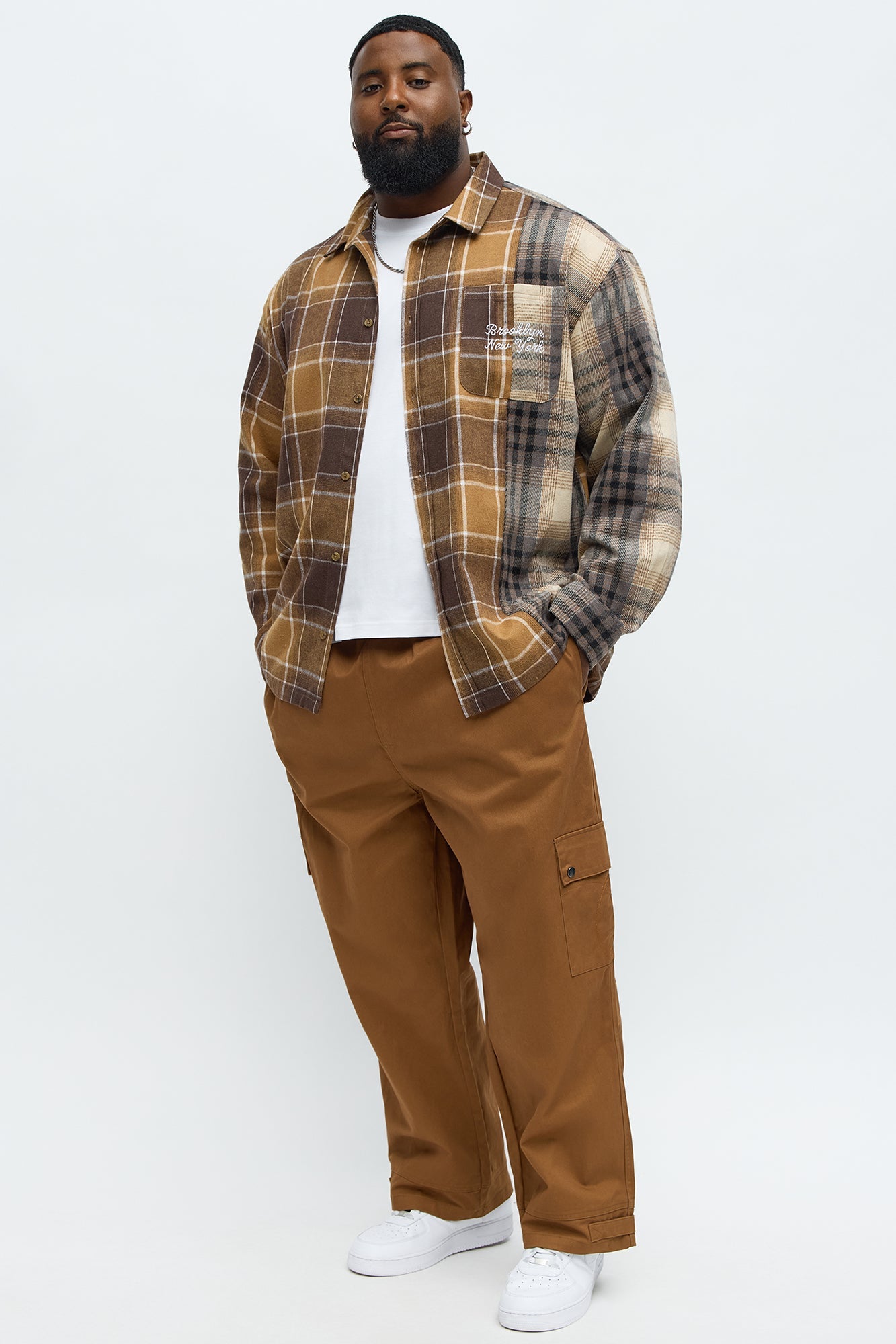 Patchwork Flannel Button Up Shirt - Brown Combo