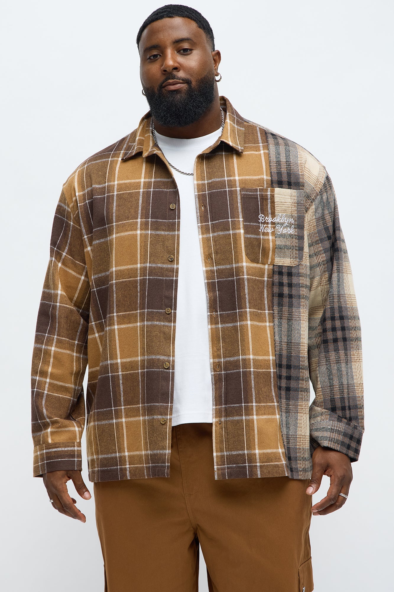 Patchwork Flannel Button Up Shirt - Brown Combo